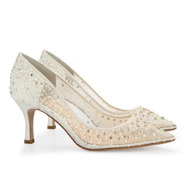 Evelyn Luxury Jewel Kitten Heel Ivory Bröllopsskor |  Bella Belle sko