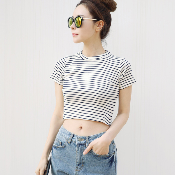 2018 Summer Stripe Crop Top T-shirt Dam Enkel Vit Svart