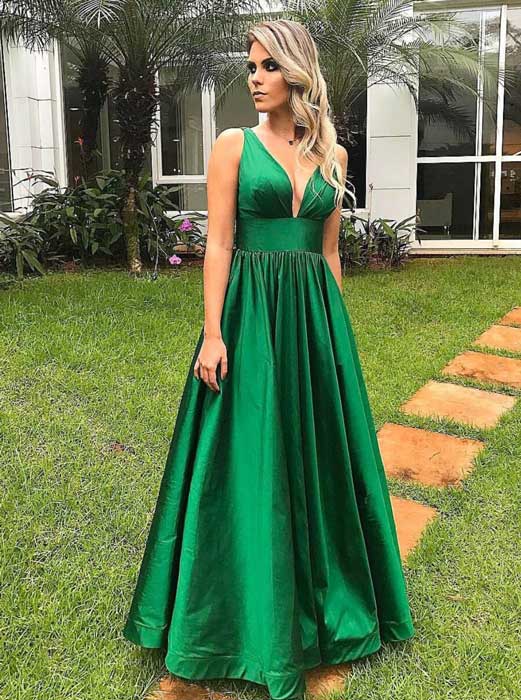 dress day |  Enkel v-ringad grön lång balklänning, grön aftonklänning