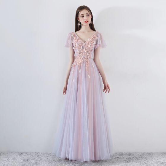 Romantiska Pärlorosa Balklänningar 2019 A-Line / Princess V-Neck
