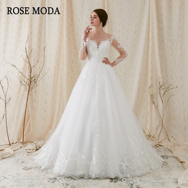 Rose Moda Romantisk Långärmad Bröllopsklänning Spets Bröllopsbalklänning