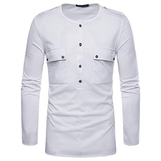 WSLCN Casual T-shirt för män Henley-skjorta med rund hals, bomullsbröst