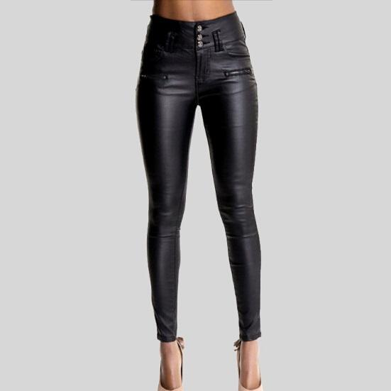 2019 Mode Stretchy Plus Size Black Faux Leather Byxor Skinny High