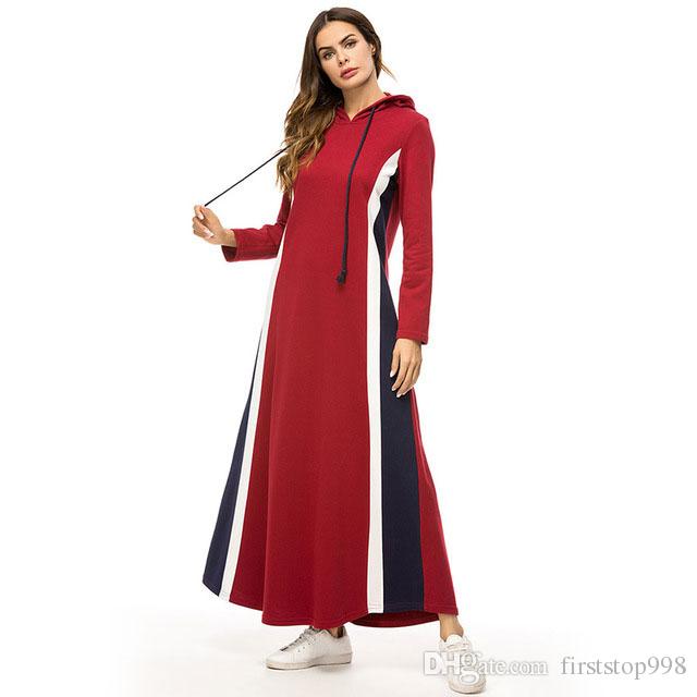 Casual Hooded Long Dress Mode Randiga Patchwork Maxiklänningar