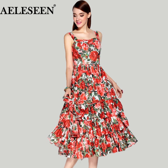 Vintage eleganta klänningar 2019 vårsommar mode rödtryck damer
