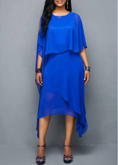 Rundhalsad Royal Blue Overlay Chiffong Klänning |  Rotita.com - 34,71 USD