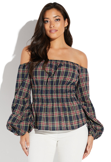 PLAID OFF SHOULDER PUFF SEEVE TOPP - ShoeDazzle