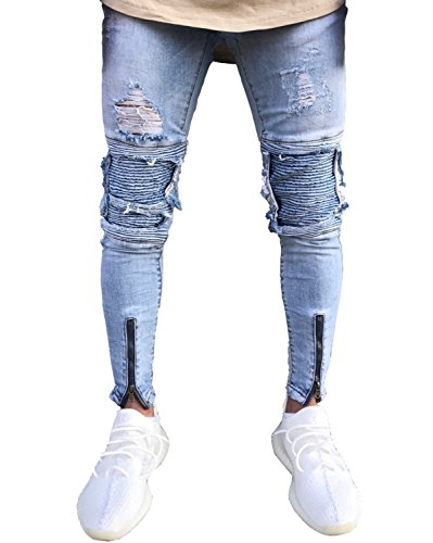 Distressed Skinny Slim Fit Zip-jeans för män med Rips och Biker-detaljer