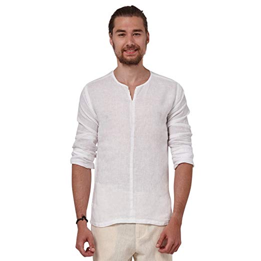 Liash Snygga linneskjortor för män - Fritidsskjorta utan krage för män
