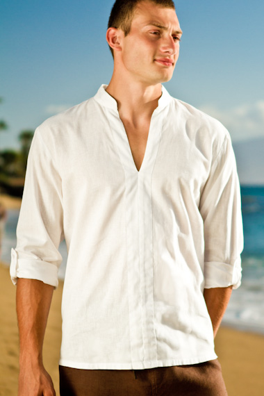 Långärmad skjorta i linne med öppen V-hals för män - Island Importer