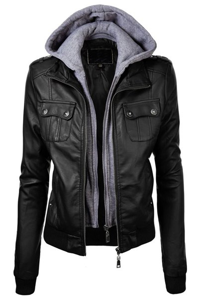 Fashionabla Svart Hooded Pocket Design Faux Leather Jacket För