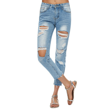 Kvinnor Crop Ripped Jeans Denim förstörd Frayed Hole Washed