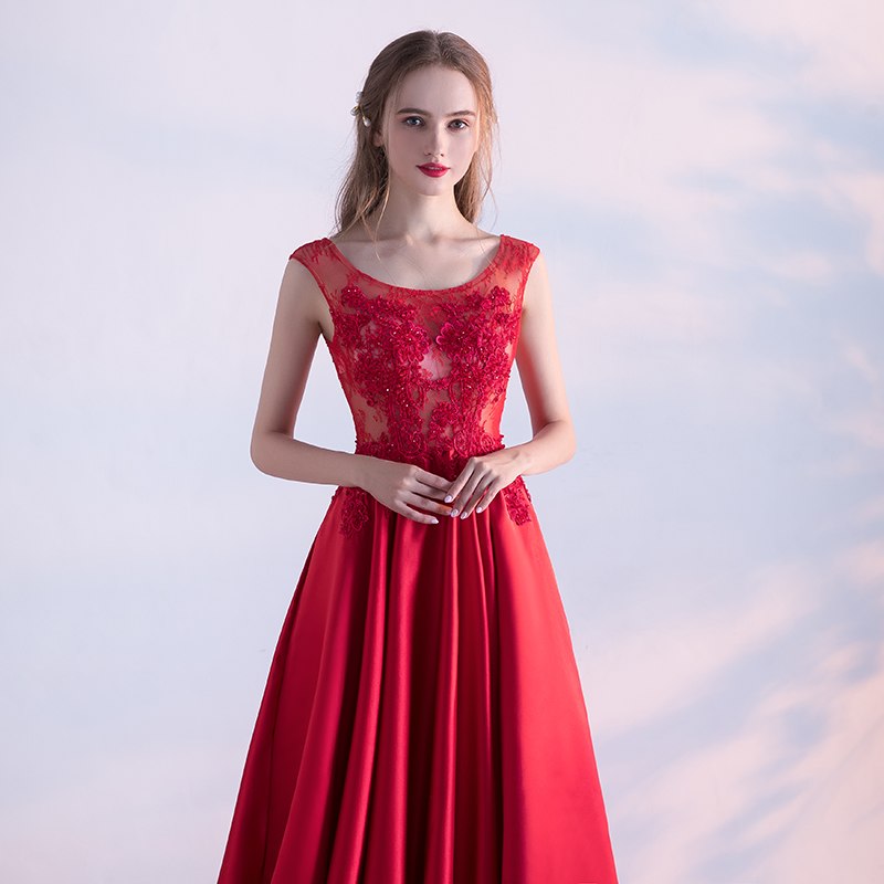 Robe De Soiree Vinröd Eleganta aftonklänningar Lång satäng med spets applicerade Abiye balklänningar Abendkleider 2018-i aftonklänningar från bröllop