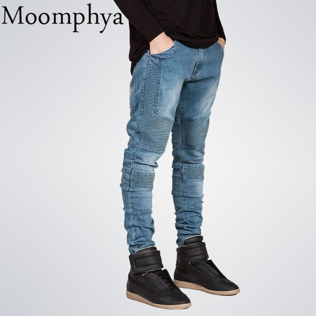 Moomphya Mens Skinny jeans herr Runway Distressed smala elastiska jeans