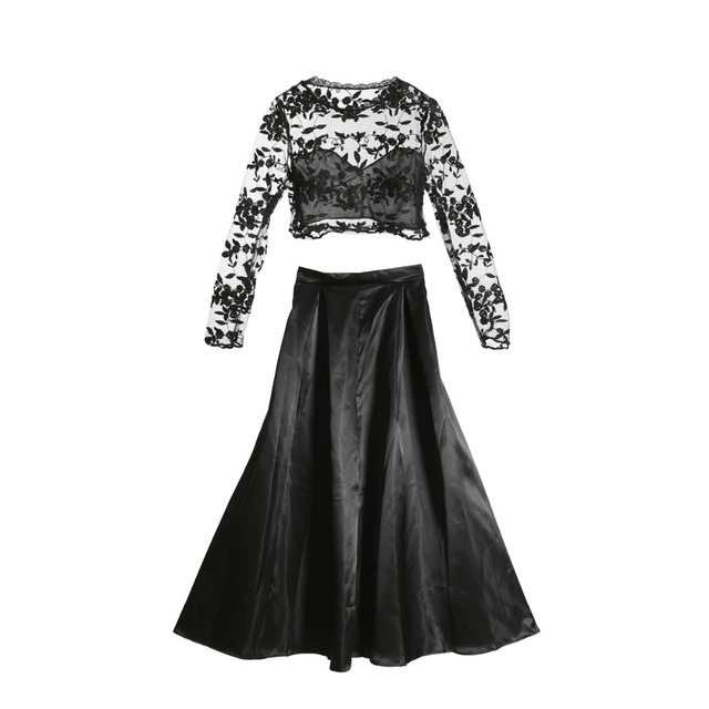 2018 nya mode kvinnor långärmade svarta spets crop top kjolar set
