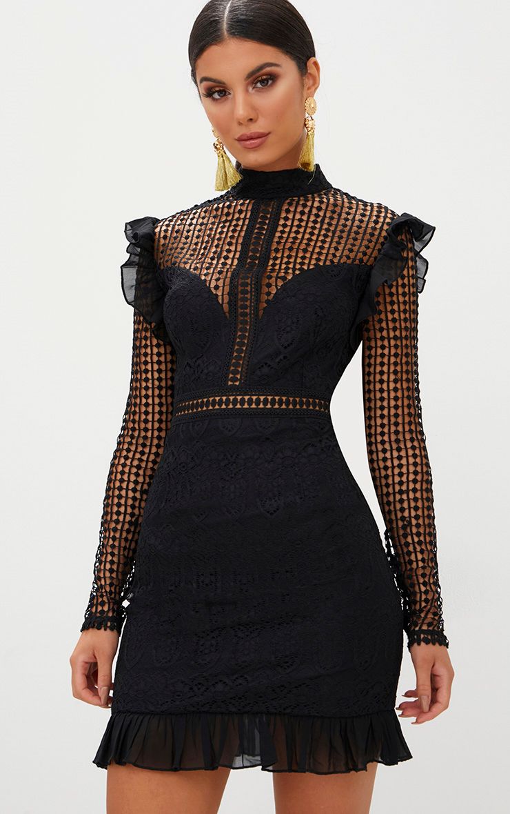 Black Lace Chiffong Frill Detail Bodycon Dress