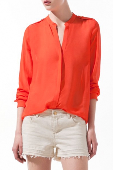 Orange långärmad blus med ståkrage - Beautifulhalo.com