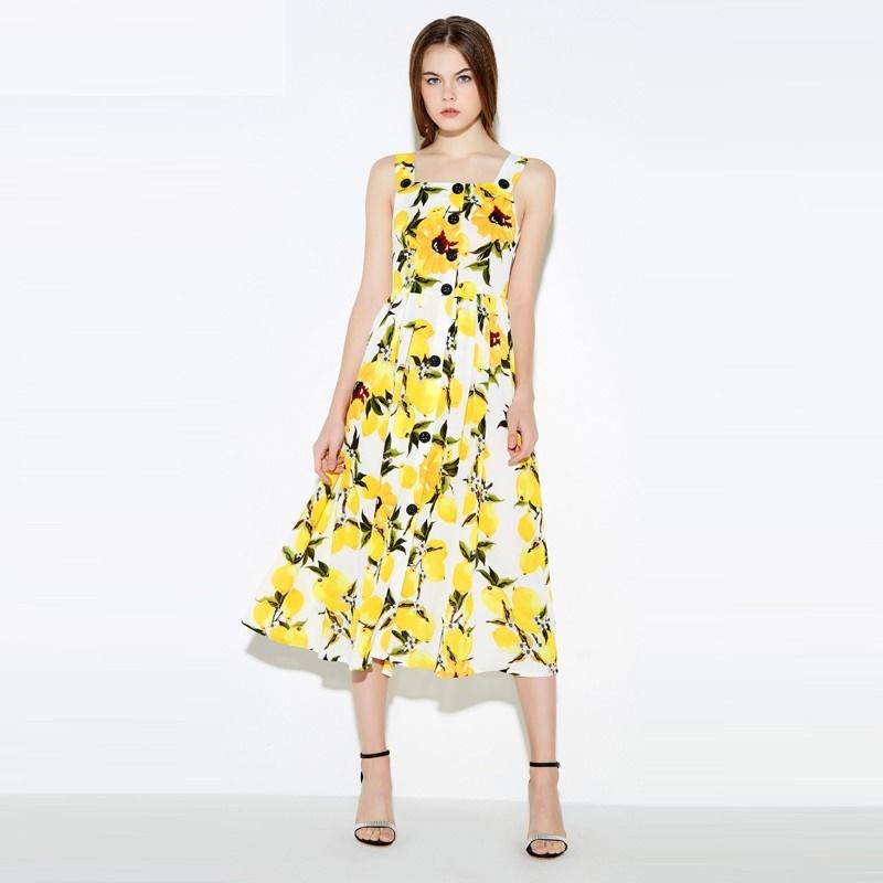 2016 helt ny ankomst mode citronklänning med blommigt tryck utan ärmar mantlade damklänningar sommarhög