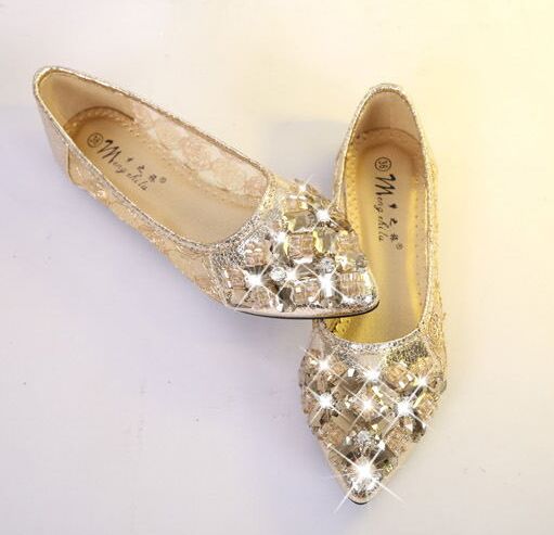 Bekväma kvinnor skor lägenheter guld gaze platta skor kvinnliga spetsiga