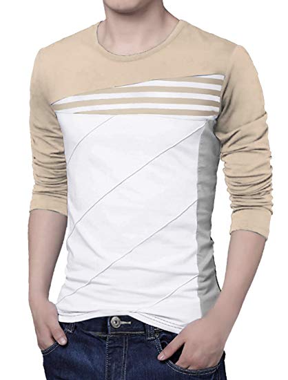 uxcell Män Crew Neck Color Block Stripes Tee Shirt S Beige