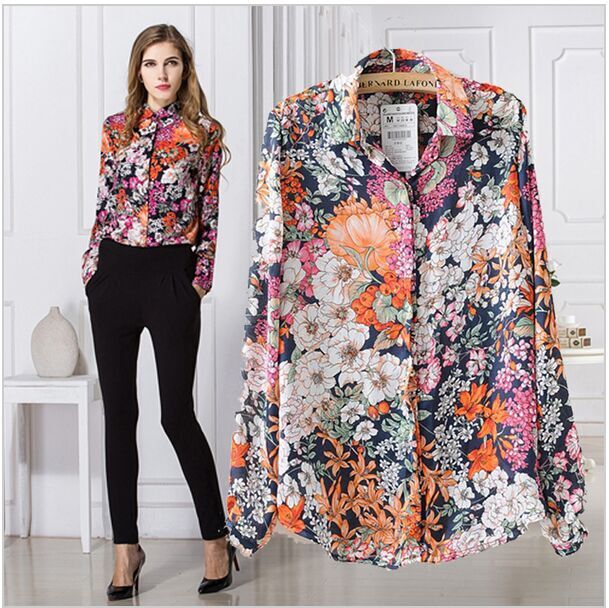 2015 Fashion Flower Printed Blus Chiffong i Damblusar med