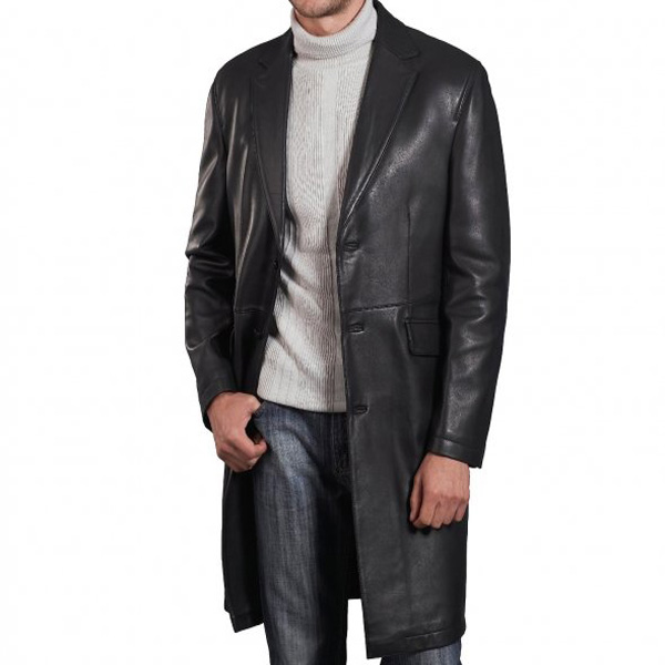 En lång kappa i svart läder av högsta kvalitet för män - Skinnjackor USA