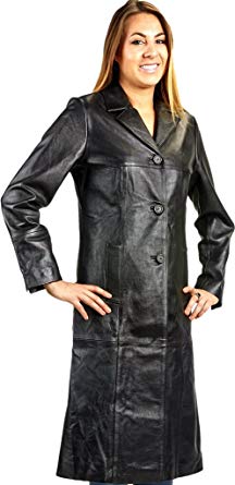 Ladies 3 Button Matrix Black Long Leather Coat hos Amazon Women's