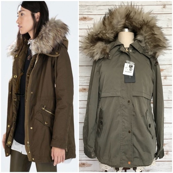 Zara Jackor & kappor |  Olivgrön parka fuskpäls huvkappa Nwt