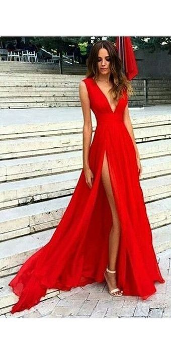 Sexig Slit Evening Dress,V-ringad Röda aftonklänningar, Split Prom