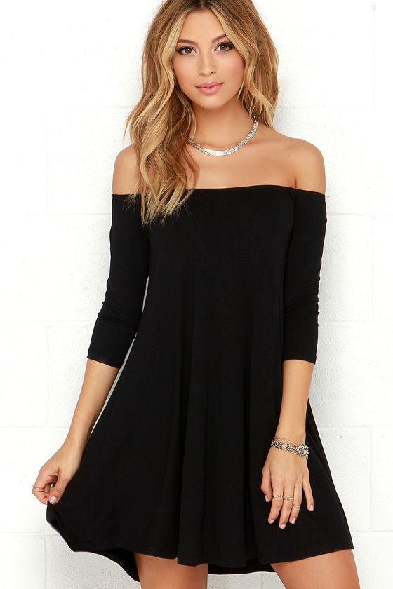 Chic svart klänning - Off-the-shoulder klänning - Shift Dress - $34,00