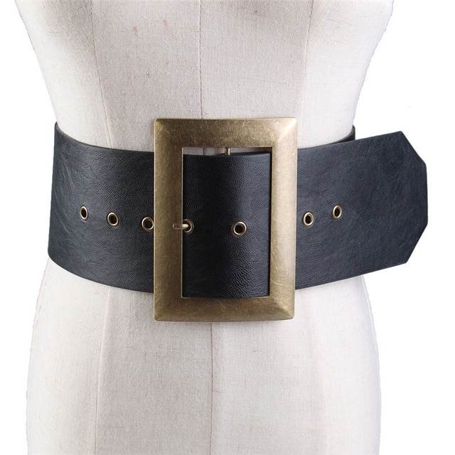 Vintage PU gördel för kvinna överdimensionerat metallspänne brett bälte dam