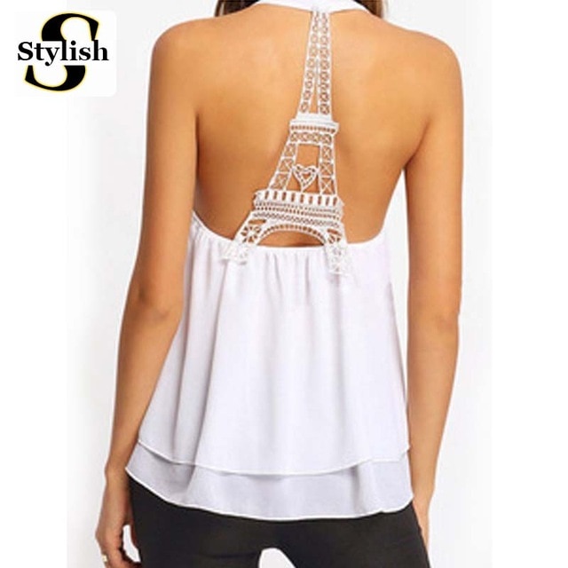 Eiffeltornet Linne Dam Sexig Ärmlös rygglös skjorta Kvinna