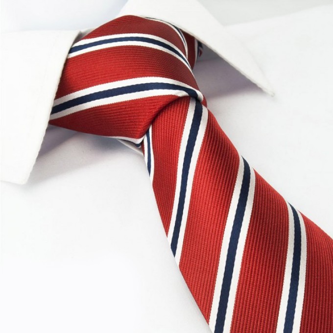 Röd med marin- och vitrandig sidenslips @ The Tie Store