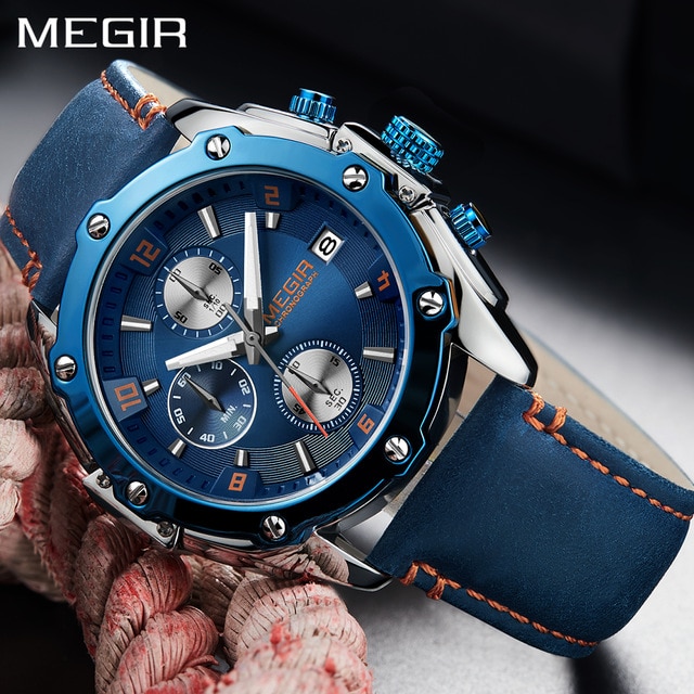 Megir 2018 New Fashion Herrklockor Top Brand Luxury Blue Leather