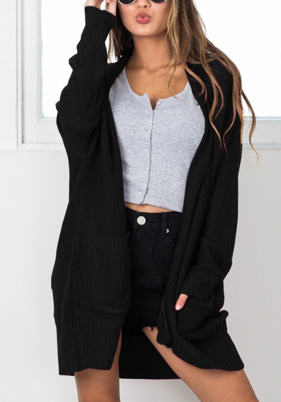 Svarta fickor Långärmad Casual Knit Cardigan Sweater - Cardigans
