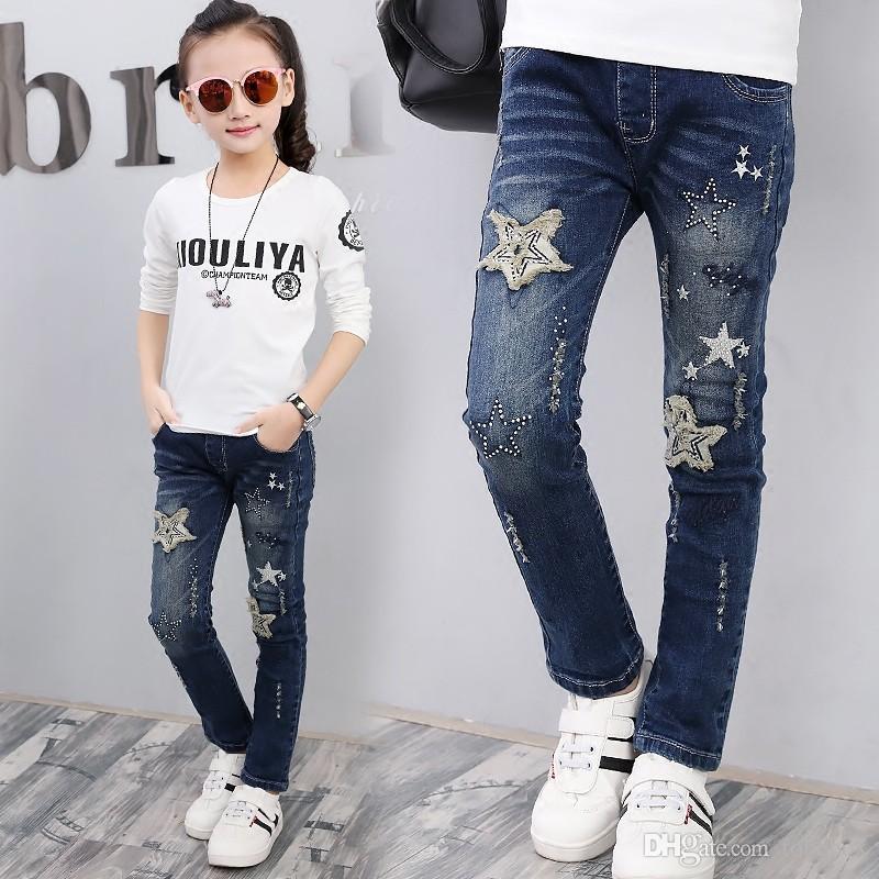 Flickor Barn Jeans flicka barn jeans byxor leggings lapptäcke stjärna slitna barn jeans vår höst barn ERSTTFD
