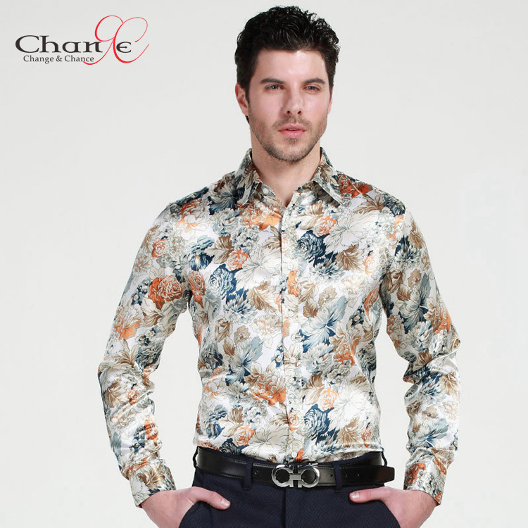 Blommiga skjortor med blommigt tryck för herr kvalitet herrskjorta med långärmade sidenskjortor 2015 plus size blommiga herr SWGUTKW