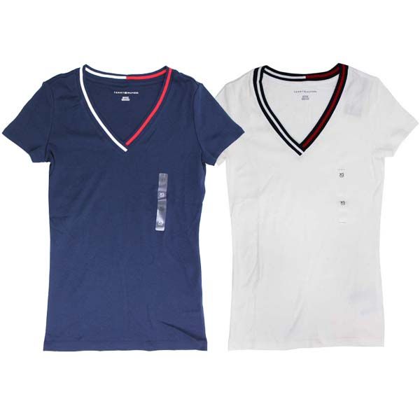 TOMMY HILFIGER SKJORTOR FÖR KVINNOR tommy hilfiger tommy hilfiger dam T-shirt toppar med v-ringad marinblå/vit HTCUZSZ