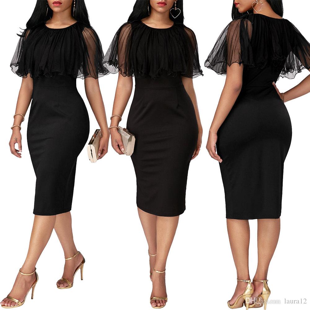 Eleganta pennklänningar eleganta svarta kvinnor pennklänningar med tyllsjal 2018 enkla kepsärmar med rund hals i mitten LTISAJO