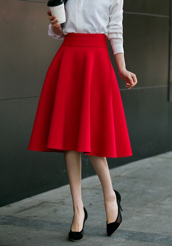 Röd dragkedja draperad med hög midja A-linje Vintage utsvängd kjol