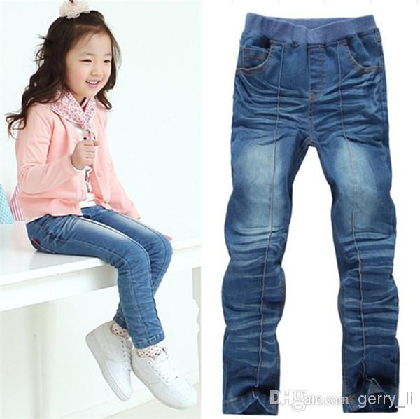 2016 Vår Barn Jeans Flickor Sytråd Design Jeans Stretch Jeans Långa byxor Barnkläder Flickor Manschett Jeans Super Skinny Jeans För Barn Från ...
