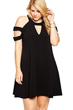 PLUS SIZE CASUAL Klänningar dam plus size klänningar casual svarta o-ringade utskärningar kall axel sväng mini SURDYFT