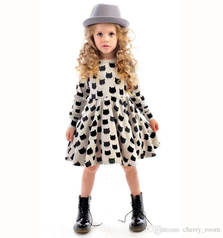 Barn Flickkläder 2015 mode europa stil flickklänningar höst volang bomull katt långärmade klänningar IXQLLMR