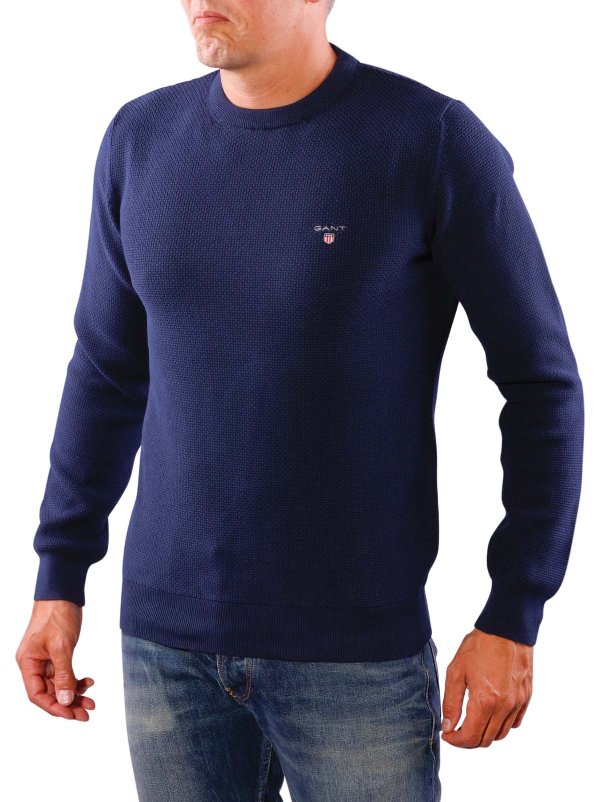 Gant tröjor gant textur bomull crew pullover kvällsblå.  u003e EZPRODA