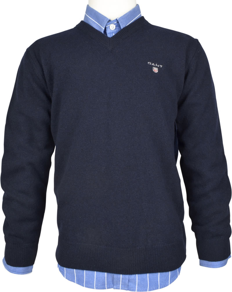 Gant-tröjor klassisk finstickad pullover med lammull i marinblått från gant.  premium QRYWOLG