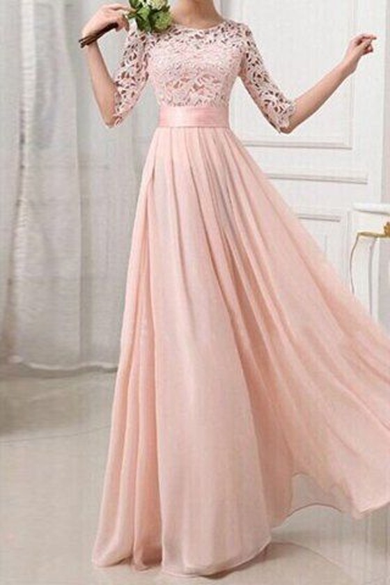 Blush Pink Patchwork Spets Plisserad halvärm Chiffong Maxi