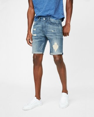 Slim 9 Inch Light Wash Destroyed Stretch Denim Shorts |  uttrycka