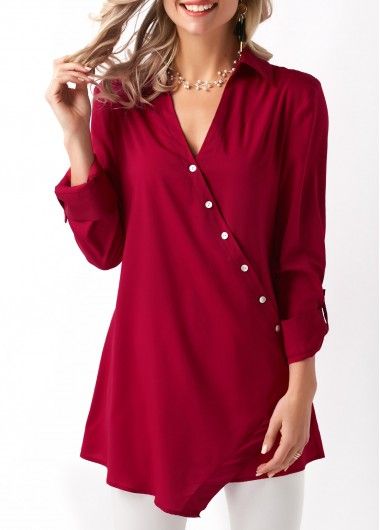 Asymmetrisk fåll Slant Button Wine Red Blus 2019 |  MODE