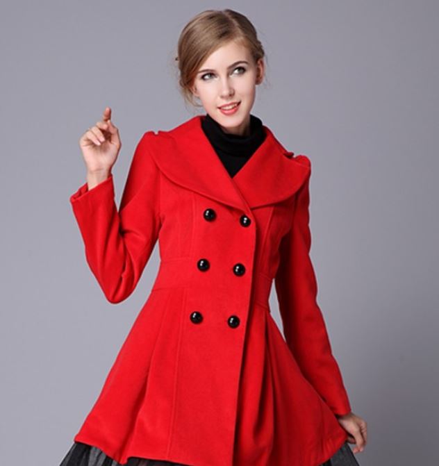 Högkvalitativ ullröd kappa Mode trench vinterkappa för kvinnor