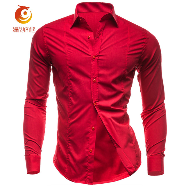 Herrskjortor Bomull Röd Skjorta Herr Casual Camisas Hombre Kläder
